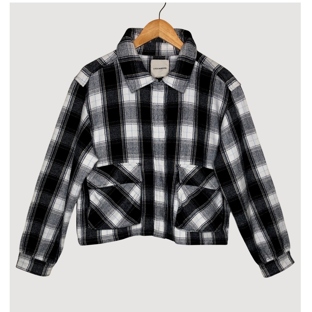 Lucky Brand Plaid Shirt Jacket Cropped Large Black White Shacket Flannel Boxy